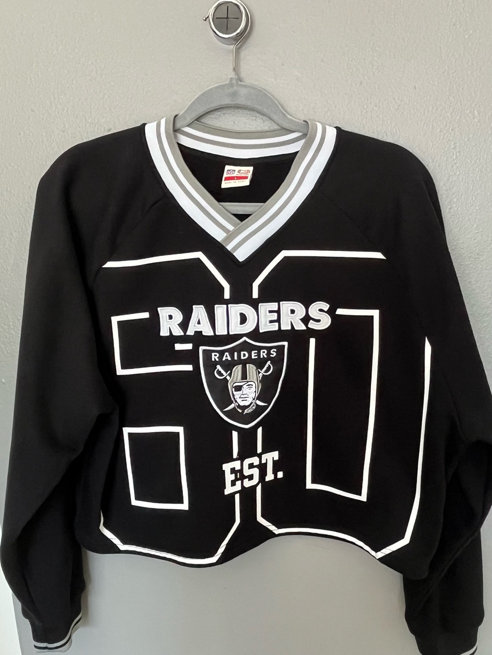 NFL Raiders Black V-Neck Sweater with White Logo